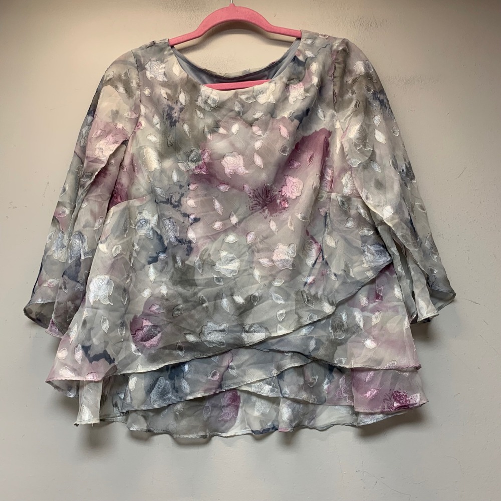 Alex Evenings Blouse Women LP Purple Gray Excellent Floral Tiered Layered Petite